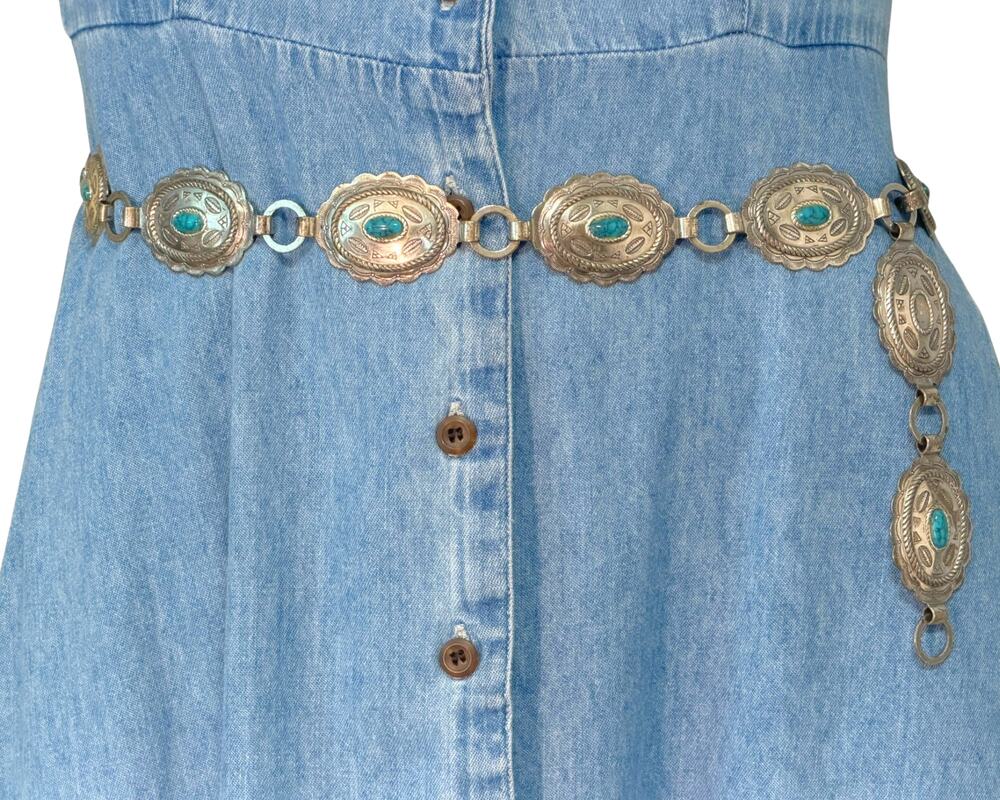 Sancrest Silver Tone Faux Turquoise Southwestern Concho Belt 32"L Vintage 1950s
